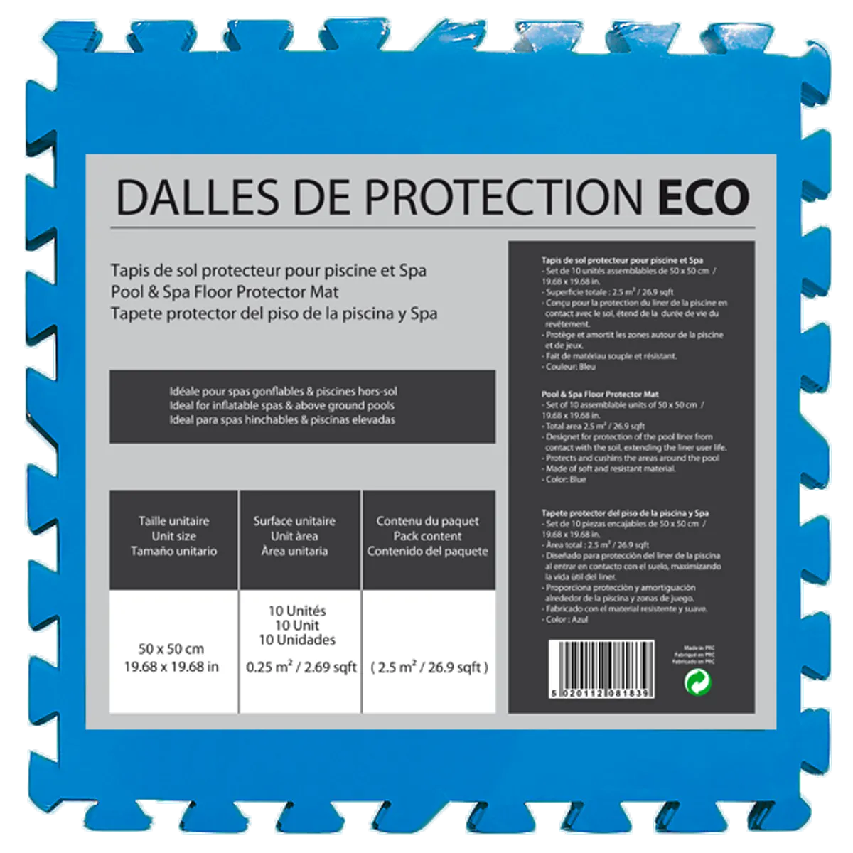 DALLES DE PROTECTION ECO BLEU 2,5m² 50 x 50 x 0,4 cm (x10)